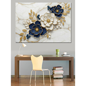 Beyaz Mavi Çiçek Deseni Dekoratif Kanvas - Mdf Ahşap Tablo 100x140 cm