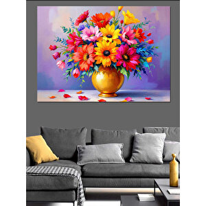 Vazoda Renkli Çiçek Buketi Dekoratif Kanvas - Mdf Ahşap Tablo 100x140 cm