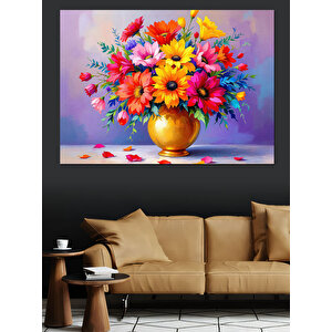 Vazoda Renkli Çiçek Buketi Dekoratif Kanvas - Mdf Ahşap Tablo 100x140 cm
