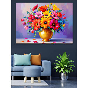 Vazoda Renkli Çiçek Buketi Dekoratif Kanvas - Mdf Ahşap Tablo 100x140 cm