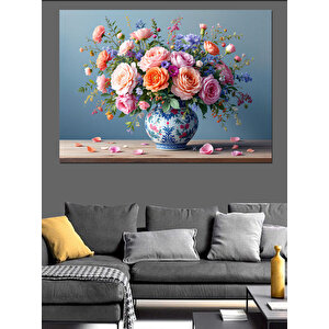 Vazoda Pembe Çiçek Buketi Dekoratif Kanvas - Mdf Ahşap Tablo 100x140 cm