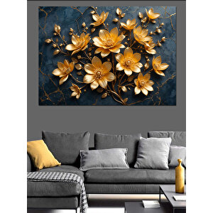 Altın Renkli Çiçek Deseni Dekoratif Kanvas - Mdf Ahşap Tablo 100x140 cm