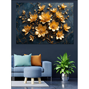Altın Renkli Çiçek Deseni Dekoratif Kanvas - Mdf Ahşap Tablo 100x140 cm