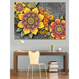 Renkli Çiçek Motifli Desen Dekoratif Kanvas - Mdf Ahşap Tablo 100x140 cm