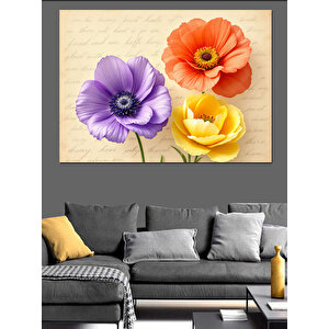 Renkli Üçlü Çiçek Deseni Dekoratif Kanvas - Mdf Ahşap Tablo 70x100 cm