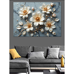 İnci Beyaz Çiçek Deseni Dekoratif Kanvas - Mdf Ahşap Tablo 100x140 cm