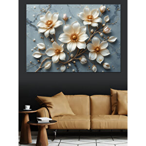 İnci Beyaz Çiçek Deseni Dekoratif Kanvas - Mdf Ahşap Tablo 100x140 cm