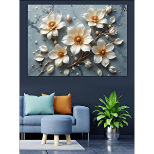 İnci Beyaz Çiçek Deseni Dekoratif Kanvas - Mdf Ahşap Tablo 100x140 cm