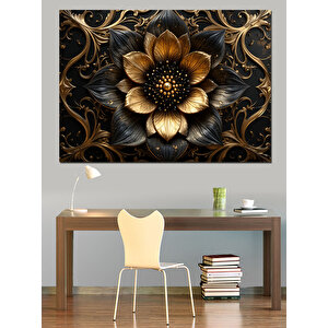Altın Siyah Metalik Çiçek Dekoratif Kanvas - Mdf Ahşap Tablo 35x50 cm