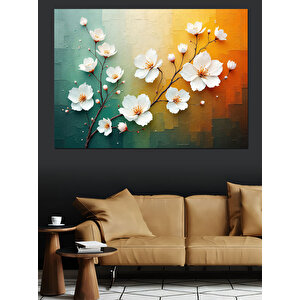 Beyaz Çiçek Deseni Dekoratif Kanvas - Mdf Ahşap Tablo 100x140 cm