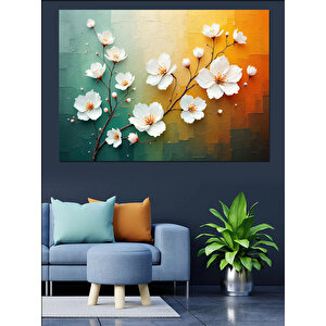 Beyaz Çiçek Deseni Dekoratif Kanvas - Mdf Ahşap Tablo 100x140 cm