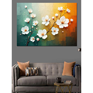 Beyaz Çiçek Deseni Dekoratif Kanvas - Mdf Ahşap Tablo 50x70 cm