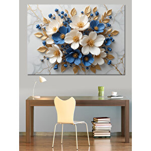 Mavi Beyaz Çiçek Kompozisyonu Dekoratif Kanvas - Mdf Ahşap Tablo 100x140 cm
