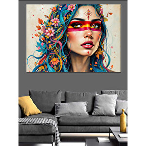 Renkli Yüzlü Çiçek Kadın Dekoratif Kanvas - Mdf Ahşap Tablo 70x100 cm