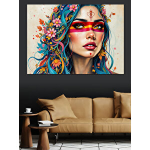 Renkli Yüzlü Çiçek Kadın Dekoratif Kanvas - Mdf Ahşap Tablo 70x100 cm
