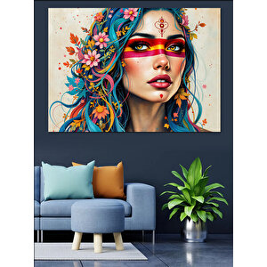 Renkli Yüzlü Çiçek Kadın Dekoratif Kanvas - Mdf Ahşap Tablo 70x100 cm