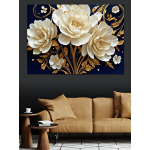 Beyaz Çiçek Deseni Dekoratif Kanvas - Mdf Ahşap Tablo 100x140 cm