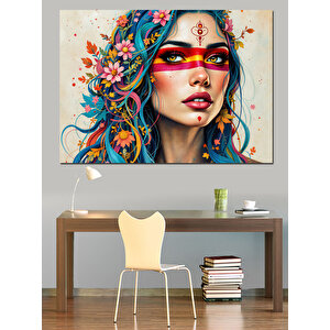 Renkli Yüzlü Çiçek Kadın Dekoratif Kanvas - Mdf Ahşap Tablo