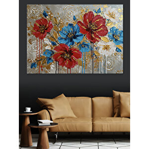 Kırmızı Mavi Çiçek Deseni Dekoratif Kanvas - Mdf Ahşap Tablo 50x70 cm