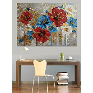 Kırmızı Mavi Çiçek Deseni Dekoratif Kanvas - Mdf Ahşap Tablo 35x50 cm