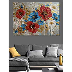 Kırmızı Mavi Çiçek Deseni Dekoratif Kanvas - Mdf Ahşap Tablo 35x50 cm