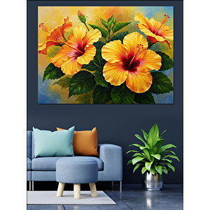 Büyük Yapraklı Sarı Çiçek Dekoratif Kanvas - Mdf Ahşap Tablo 100x140 cm