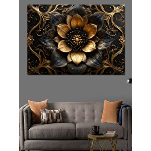 Altın Siyah Metalik Çiçek Dekoratif Kanvas - Mdf Ahşap Tablo 100x140 cm