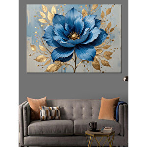 Mavi Çiçek Altın Yapraklar Dekoratif Kanvas - Mdf Ahşap Tablo 25x35 cm
