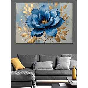 Mavi Çiçek Altın Yapraklar Dekoratif Kanvas - Mdf Ahşap Tablo 25x35 cm