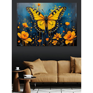 Sarı Kelebek Çiçek Deseni Dekoratif Kanvas - Mdf Ahşap Tablo 100x140 cm