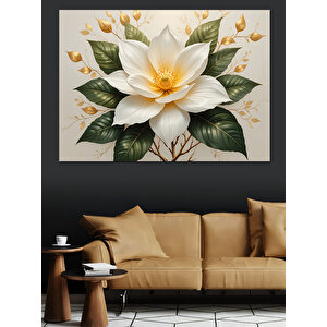 Altın Beyaz Çiçek Aranjmanı Dekoratif Kanvas - Mdf Ahşap Tablo 100x140 cm