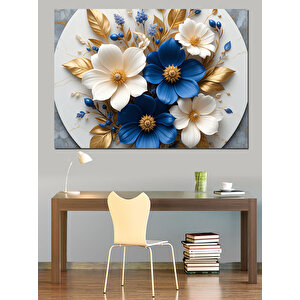 Mavi Beyaz Çiçek Kompozisyonu Dekoratif Kanvas - Mdf Ahşap Tablo 100x140 cm