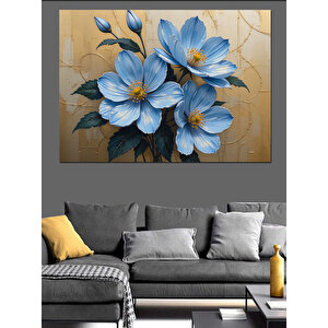 Mavi Fonlu Çiçek Deseni Dekoratif Kanvas - Mdf Ahşap Tablo 50x70 cm