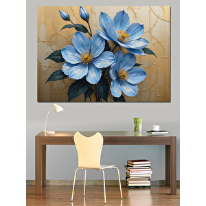 Mavi Fonlu Çiçek Deseni Dekoratif Kanvas - Mdf Ahşap Tablo 70x100 cm
