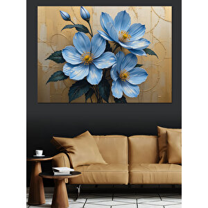 Mavi Fonlu Çiçek Deseni Dekoratif Kanvas - Mdf Ahşap Tablo 70x100 cm