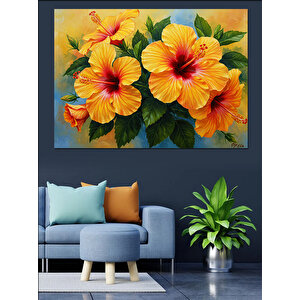 Turuncu Sarı Çiçek Deseni Dekoratif Kanvas - Mdf Ahşap Tablo 70x100 cm