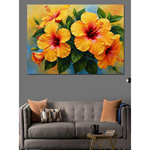 Turuncu Sarı Çiçek Deseni Dekoratif Kanvas - Mdf Ahşap Tablo 70x100 cm