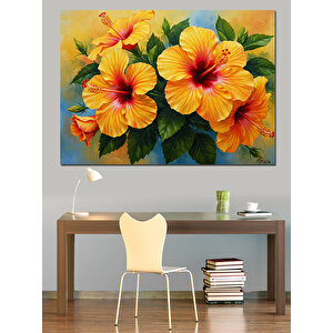 Turuncu Sarı Çiçek Deseni Dekoratif Kanvas - Mdf Ahşap Tablo 70x100 cm