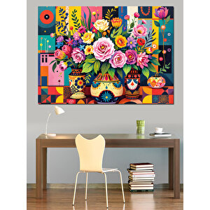 Renkli Çiçek Deseni Dekoratif Kanvas - Mdf Ahşap Tablo 35x50 cm