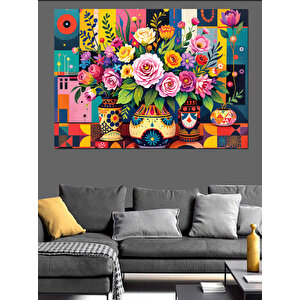 Renkli Çiçek Deseni Dekoratif Kanvas - Mdf Ahşap Tablo 35x50 cm