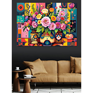 Renkli Çiçek Deseni Dekoratif Kanvas - Mdf Ahşap Tablo 35x50 cm