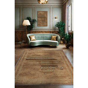 Art Deko Vintage Afrikalı Temalı Kahverengi Renk Etnik Halı Bordürlü Afrika Haritası Halısı 200x300 cm