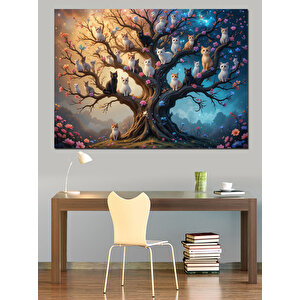 Çiçekli Gövdeli Kozmik Ağaç Dekoratif Kanvas - Mdf Ahşap Tablo 35x50 cm
