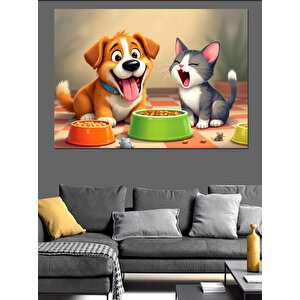 Mutlu Köpek İle Kedi Yemek Yiyor Dekoratif Kanvas - Mdf Ahşap Tablo 35x50 cm