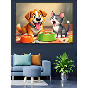 Mutlu Köpek İle Kedi Yemek Yiyor Dekoratif Kanvas - Mdf Ahşap Tablo 35x50 cm