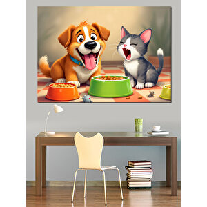Mutlu Köpek İle Kedi Yemek Yiyor Dekoratif Kanvas - Mdf Ahşap Tablo
