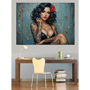 Çiçekli Dövmeli Kadın Portresi Dekoratif Kanvas - Mdf Ahşap Tablo 70x100 cm