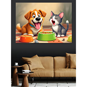 Mutlu Köpek İle Kedi Yemek Yiyor Dekoratif Kanvas - Mdf Ahşap Tablo 50x70 cm