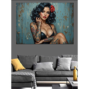 Çiçekli Dövmeli Kadın Portresi Dekoratif Kanvas - Mdf Ahşap Tablo 25x35 cm