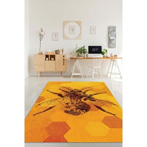 Kraliçe Arı Dokuma Tabanlı Sarı Renkli Halı Geometrik Hayvan Baskılı Renkli Mutfak Halısı 120x180 cm